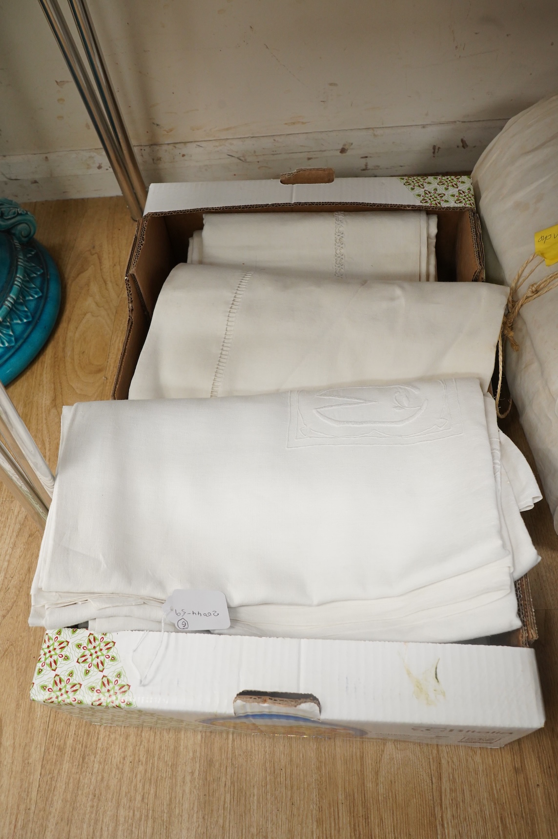 Six French provincial coarse linen monogrammed top sheets